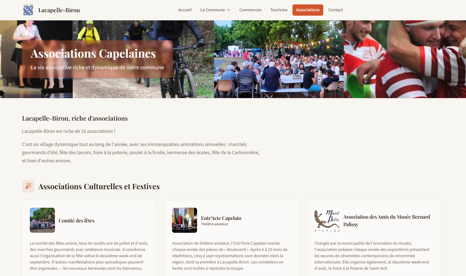 Page intérieure du site de Lacapelle-Biron : informations pratiques et vie associative